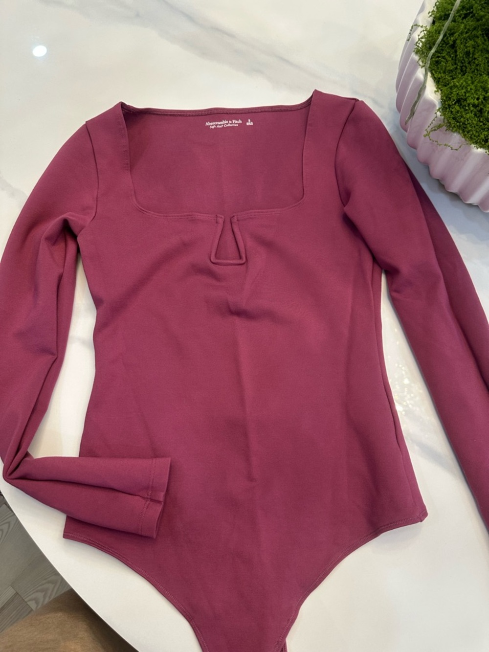 Abercrombie & Fitch Long Sleeve Square Neck Bodysuit in Plum